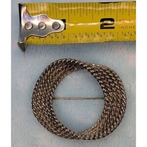 Vintage SILVER Tone Woven MESH Circle Brooch PIN Textured Love Knot Mid Century
